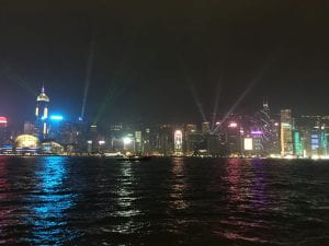 Hong Kong skyline at night over water