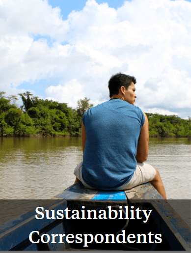 Text reads "Sustainability": Student sits at the front of a canoe looking over the water