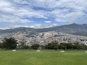 Image shows the green-ness of Quito with the city off in the distance. 