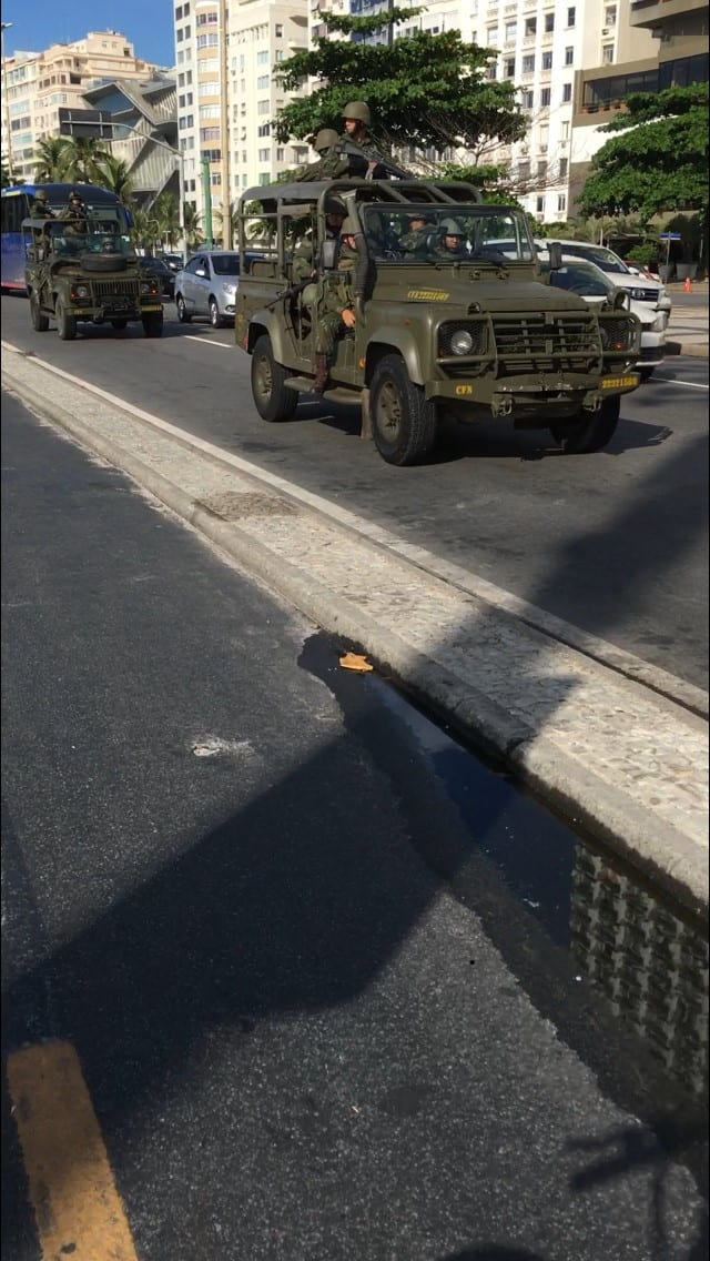 Street with miltary vehicles after death of Marielle Franco