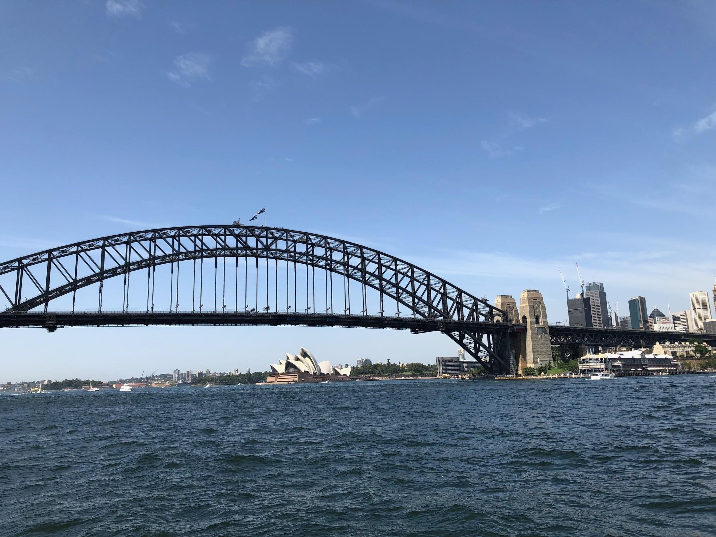 bridge with Sydney Opera House in background with blue sky