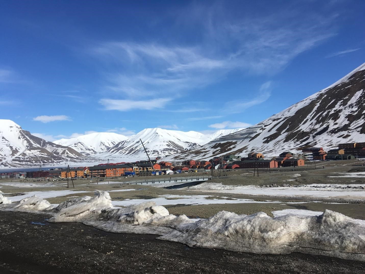 Snowy mountains in background, blue sky, orange buildings in distance, melting snow in foreground