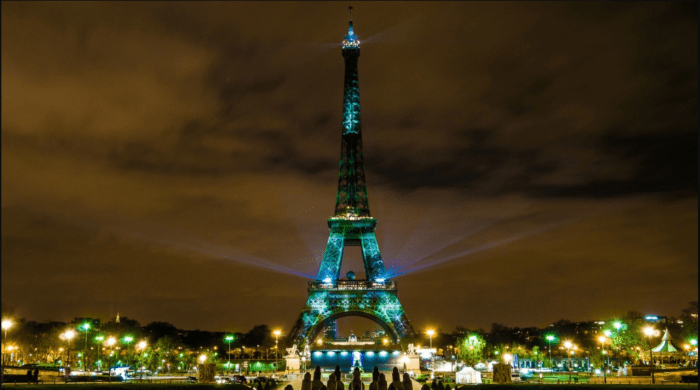 Eiffel Tower in green in honor of Climate Summit