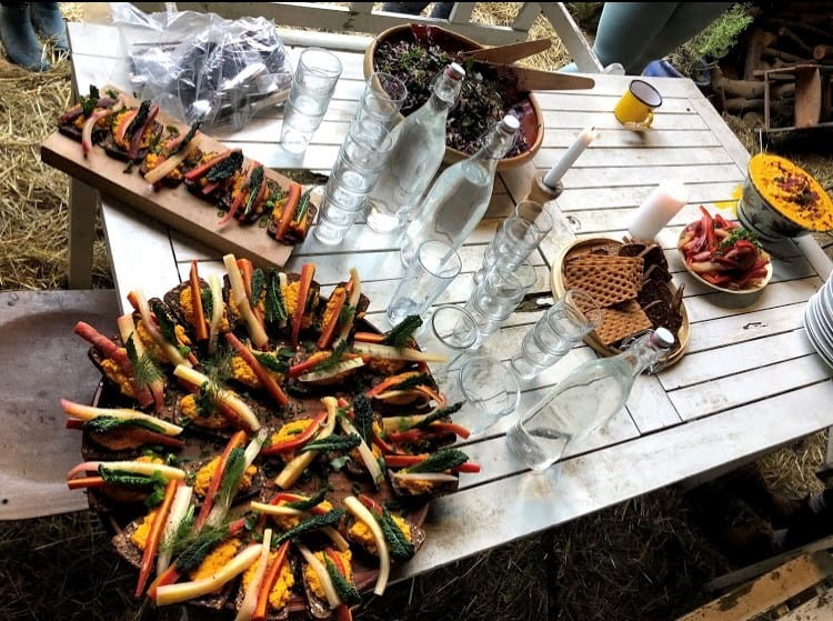 Colorful vegetables arranged on a plate with glasses of water on a picnic table