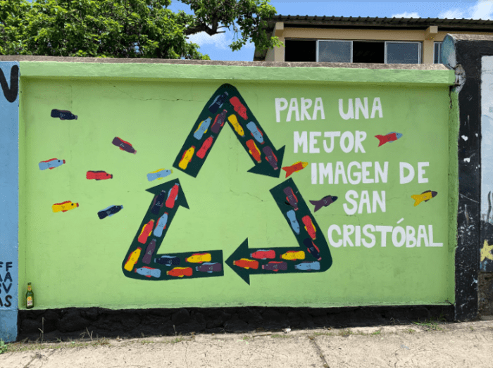 This mural encourages people to recycle plastic bottles “for a better image of San Cristóbal.” Ironically, there is a discarded beer bottle in the lower left hand corner.